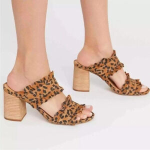Leopard Print Ruffle Strap Block Heel Mules - Brown